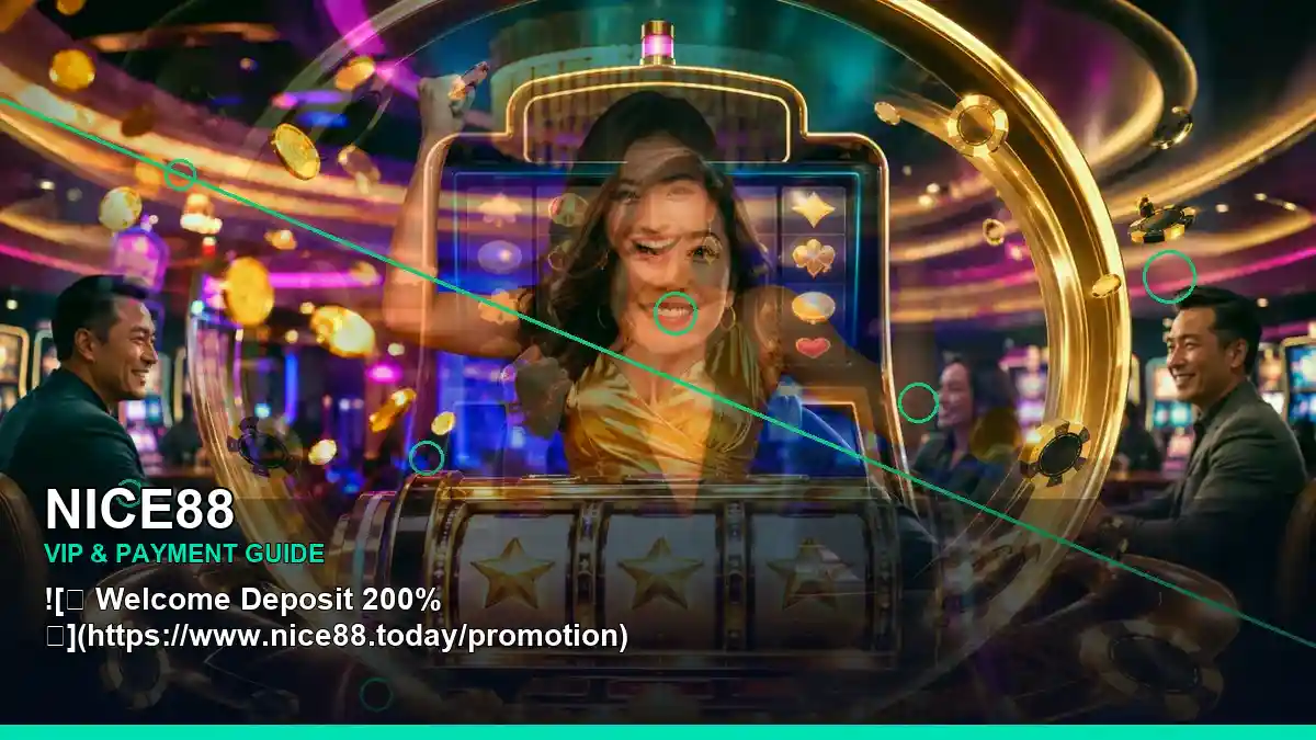 NICE88 first-deposit and wallet guide featuring an adult Filipina casino host in a balanced layout