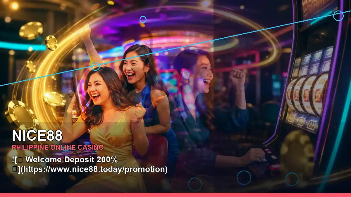 A duo-themed online slots scene with an adult Filipina casino host in a dynamic right-angled composition.