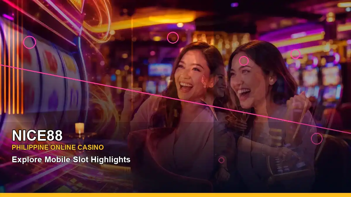 NICE88 neon jackpot slots with an adult Filipina casino host in a dynamic diagonal layout